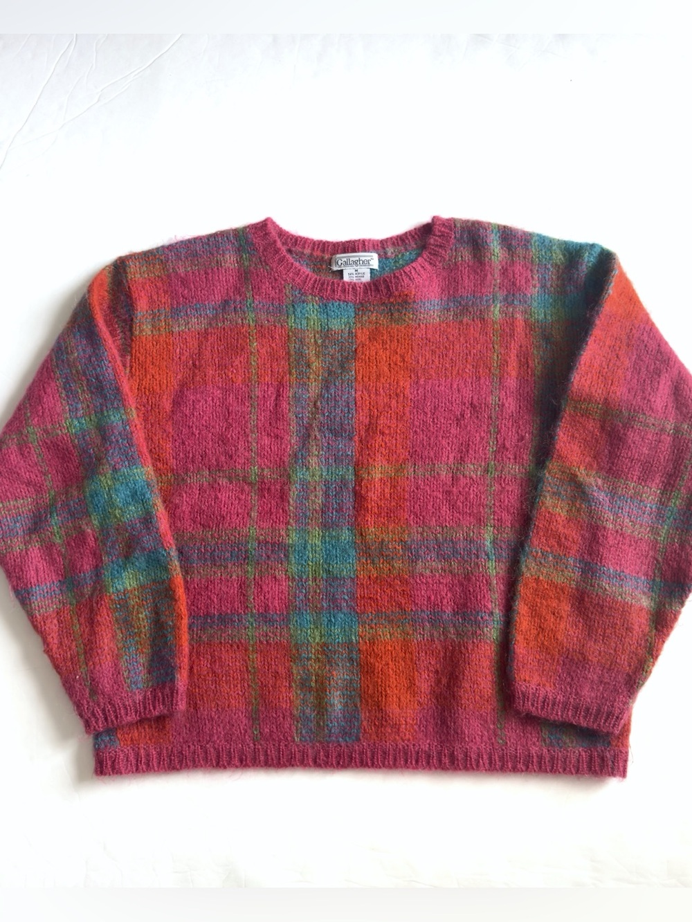 Vintage 90s Gallagher Plaid Mohair Sweater Medium Red Pink Wool Colorful Rainbow